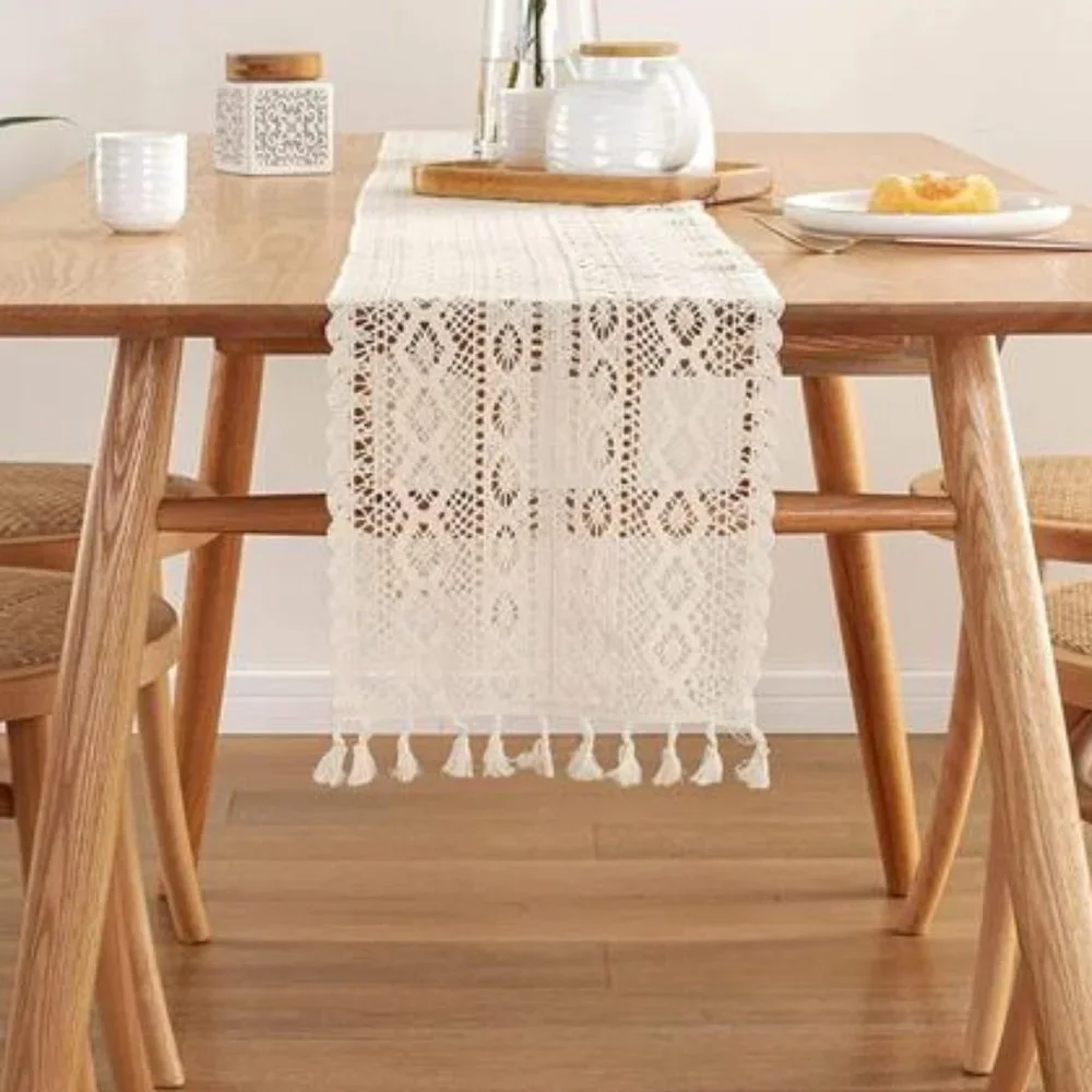Crocheted Boho Table Runner Bohemian Farmhouse Cottage Decor Decorative Cloth